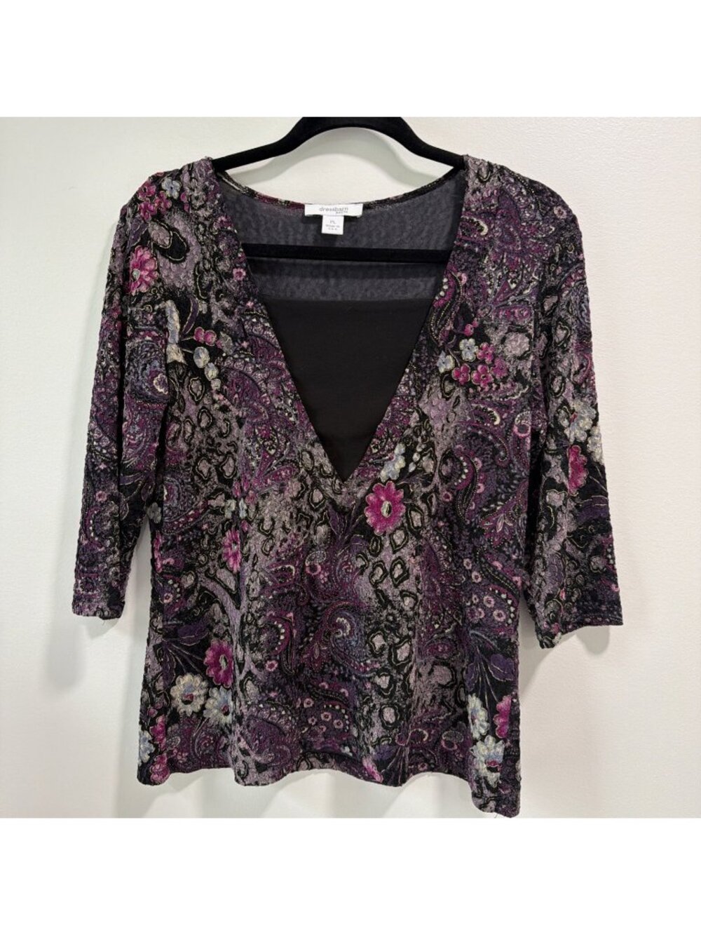 Dress Barn Floral Top Glitter Sparkle Whimsy Burgundy & Black Petite Large